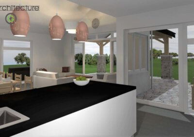 Lake Ferry Home 3D rendered model of Lounge and Kitchen